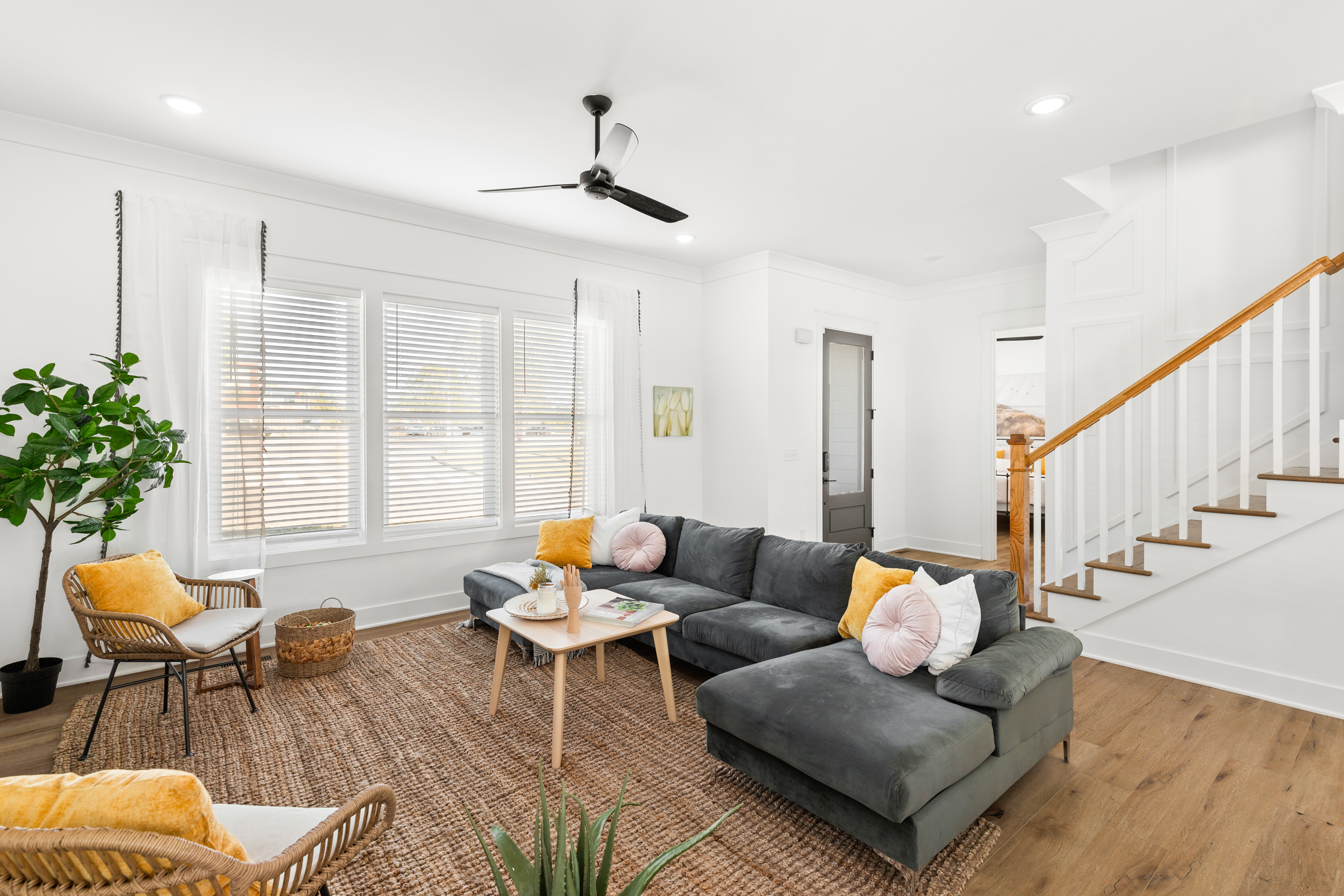 Contemporary living room with natural light and comfortable seating